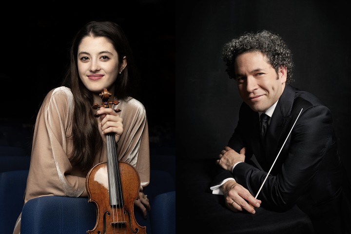 a split image depicting a smiling dark-haired young woman holding a violin and a smiling man with curly dark hair holding a conductor's baton