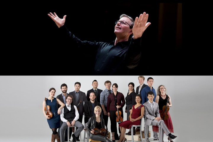 Split image of Rob Kapilow, a white man in a black shirt against a black background, and A Far Cry, a chamber orchestra of twelve men and women sitting and standing and holding string instruments. 