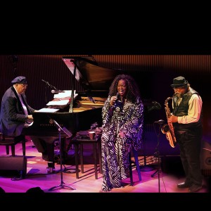 A male pianist, a female vocalist, and a male saxophonist perform together. 