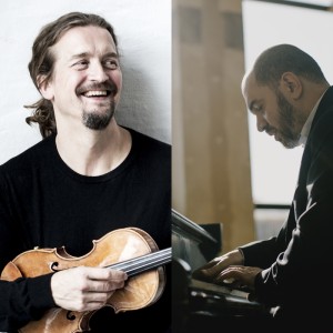 A collage image of two white men; a smiling violinist and a pianist playing in front of a large window. 