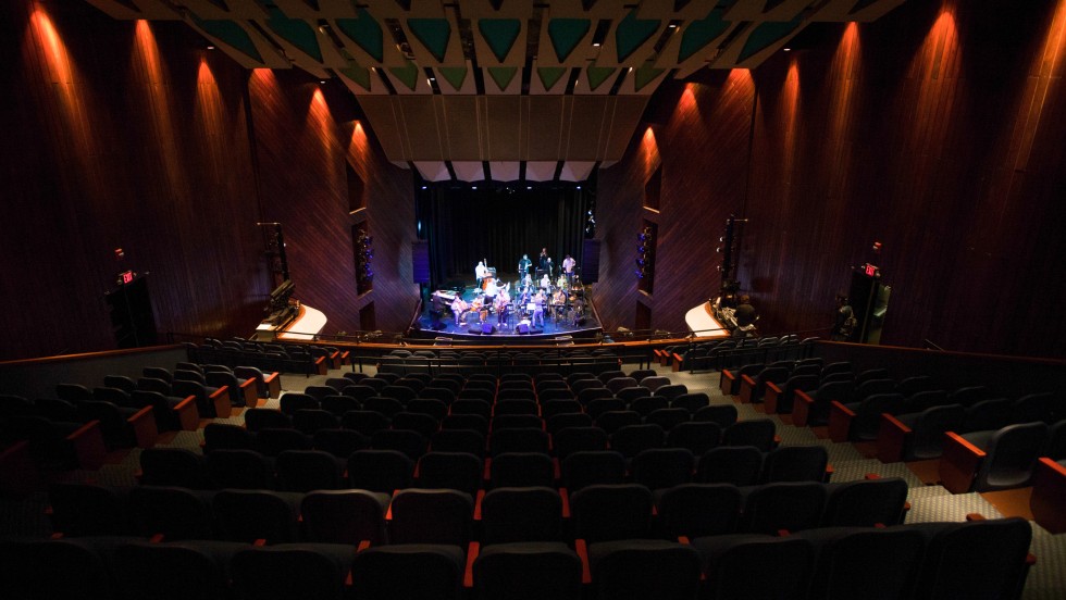 a view from the back of a long performance hall, with angled wood paneling and ambient light