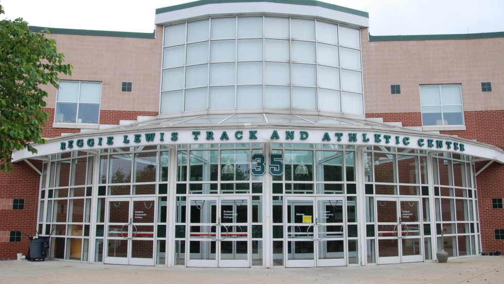 the entryway of Boston's Reggie Lewis Center, with the Celtics player's number 35 over the doorways